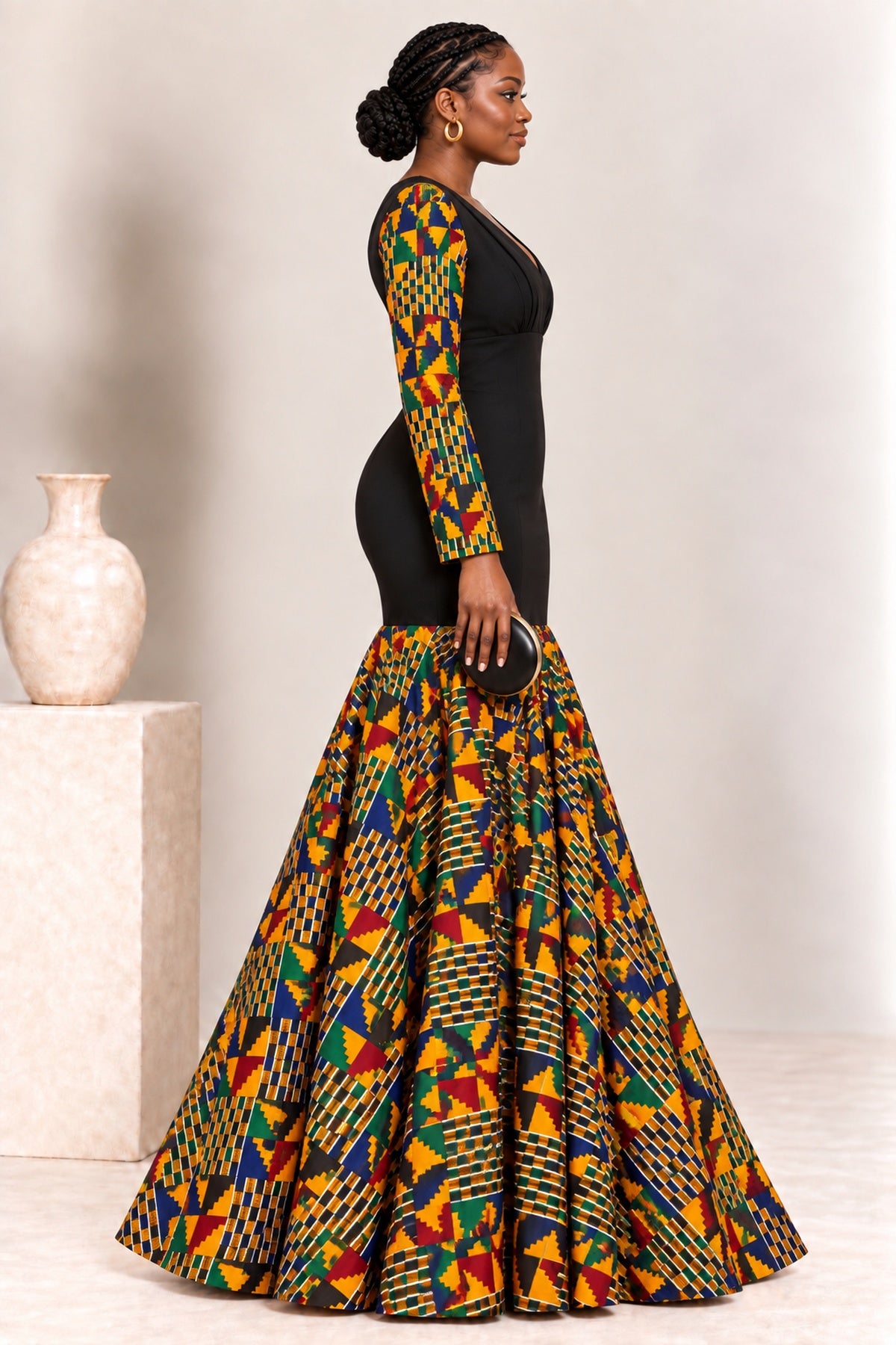 Afua Kente Print Mermaid Maxi Gown – Black African Print Statement Dress