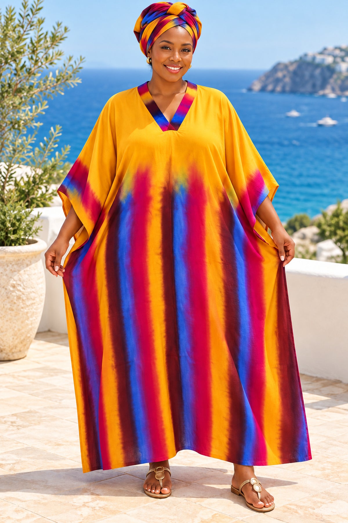 Women's Multicolour Tie-Dye Batwing Kaftan Maxi Dress with Matching Scarf – Yellow, Blue & Magenta