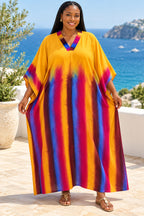 Women's Multicolour Tie-Dye Batwing Kaftan Maxi Dress with Matching Scarf – Yellow, Blue & Magenta