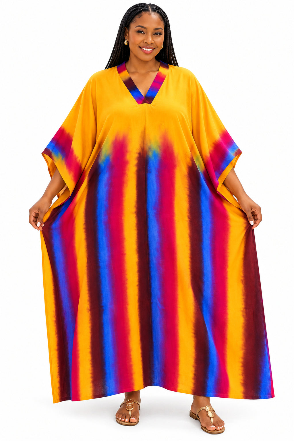 Women's Multicolour Tie-Dye Batwing Kaftan Maxi Dress with Matching Scarf – Yellow, Blue & Magenta
