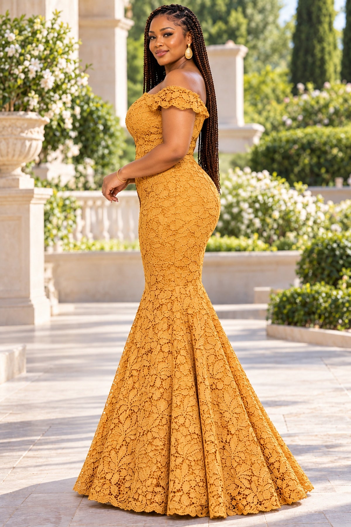 Ashanti Mustard Gold Lace African Print Off-Shoulder Mermaid Maxi Dress
