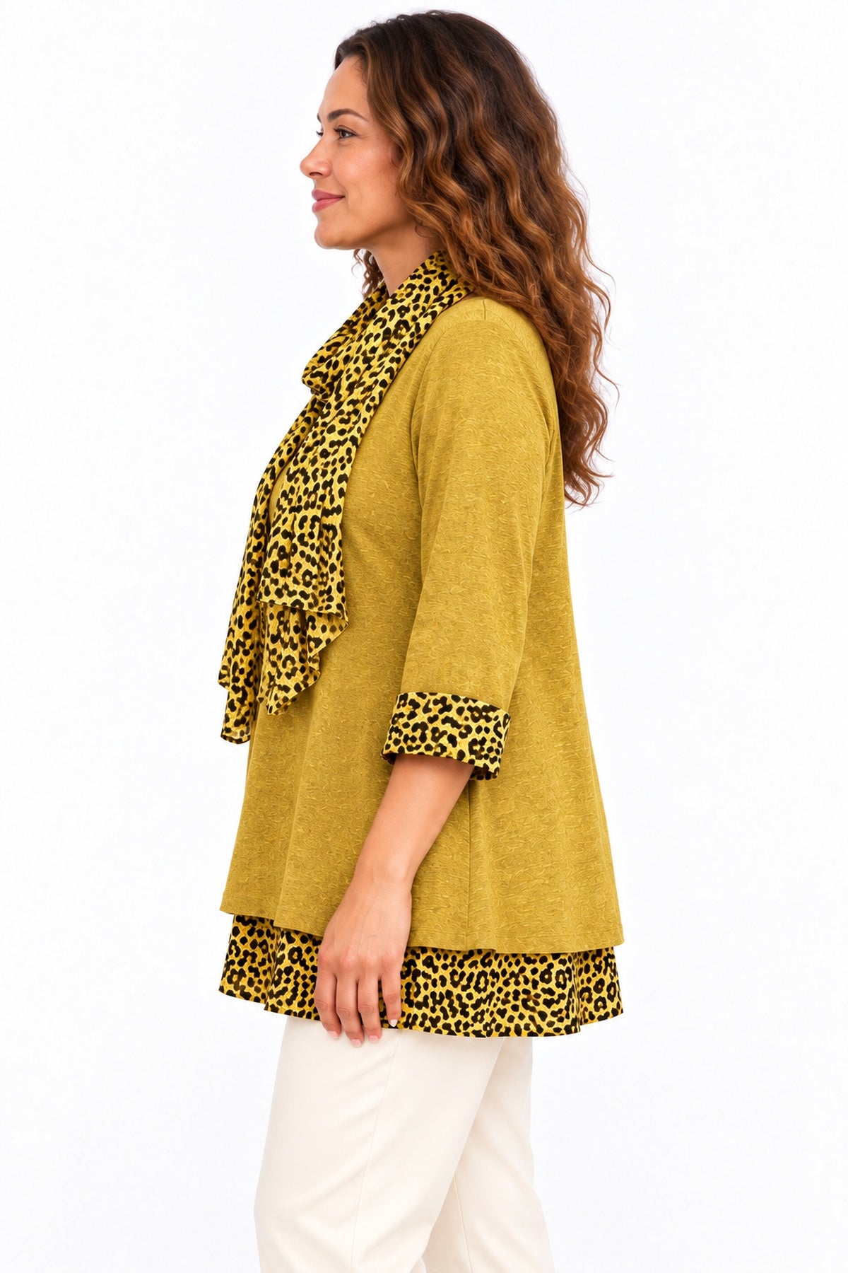 Women's Leopard Print Trim Tunic Top with Matching Scarf – Relaxed Fit – 11 Colours