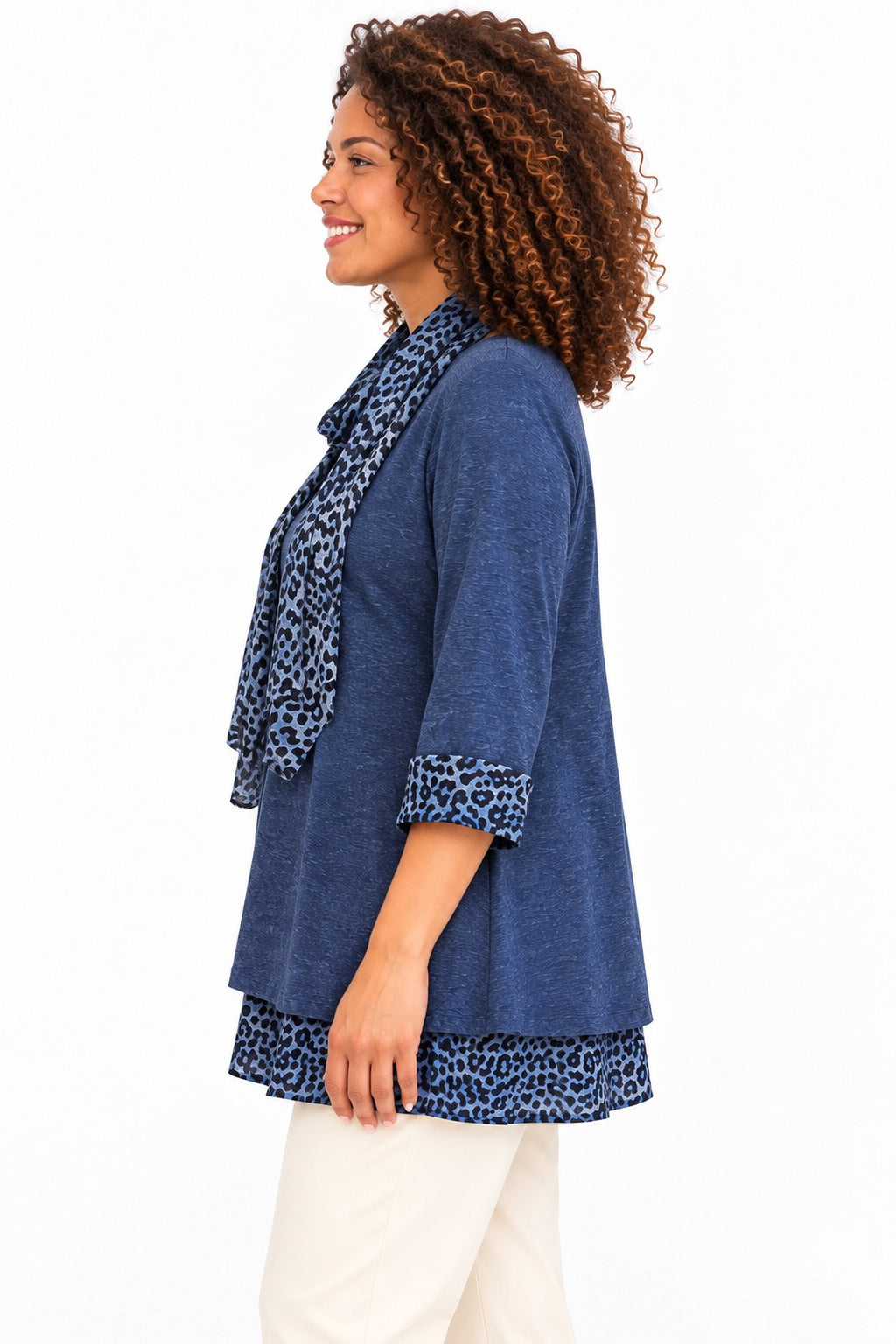 Women's Leopard Print Trim Tunic Top with Matching Scarf – Relaxed Fit – 11 Colours