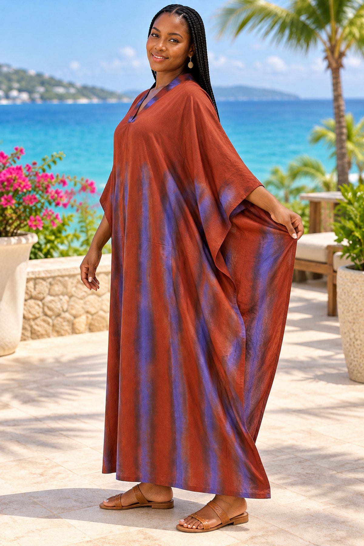 Women's Terracotta & Purple Tie-Dye Batwing Kaftan Maxi Dress and scarf – V-Neck