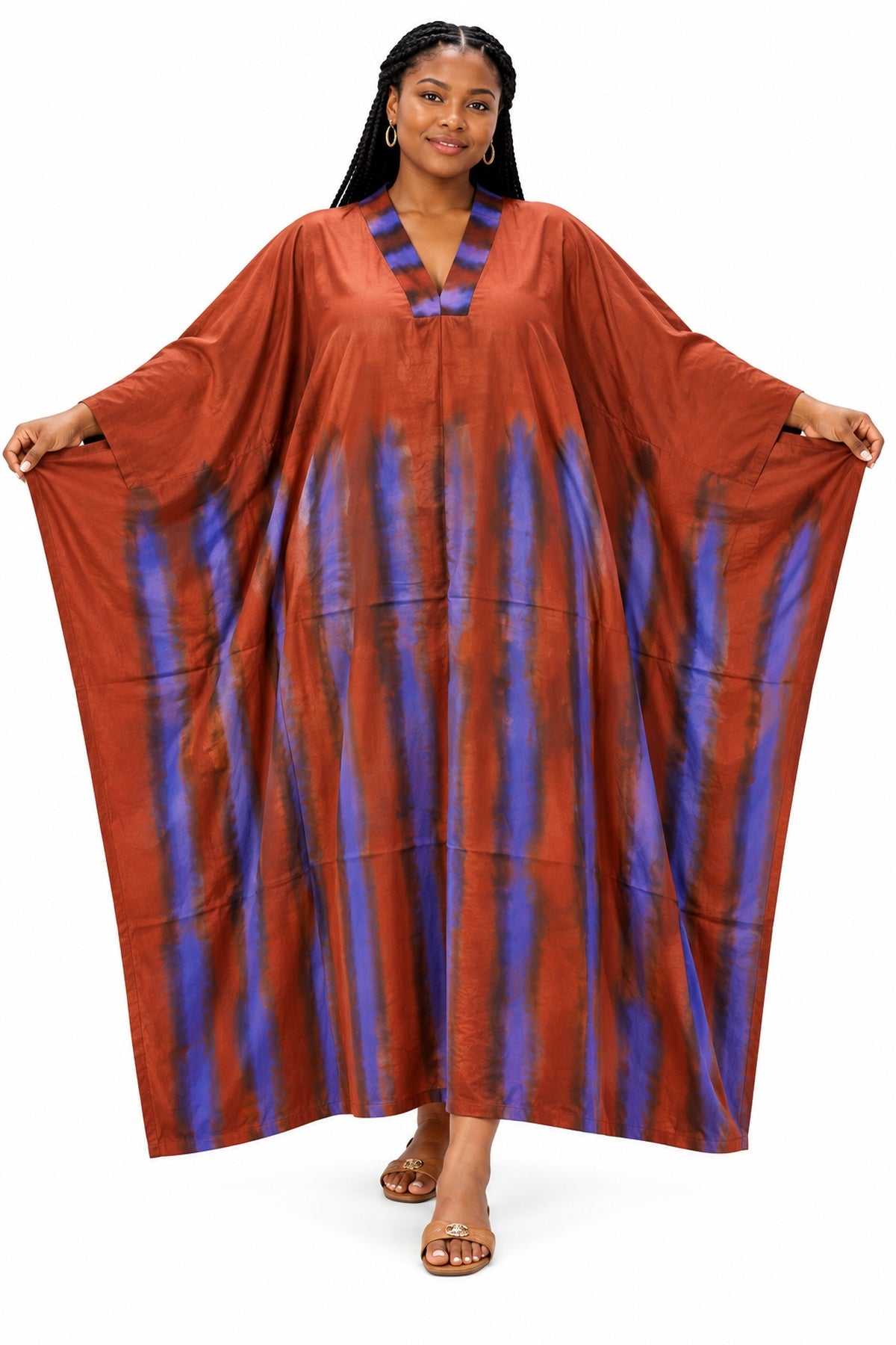 Women's Terracotta & Purple Tie-Dye Batwing Kaftan Maxi Dress and scarf – V-Neck