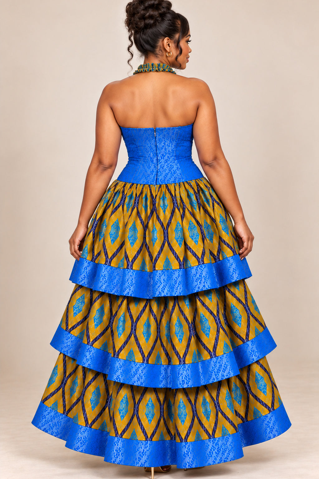 Adamma Royal Blue & Gold African Print Tiered Maxi Dress – Halter Neck Ankara Gown