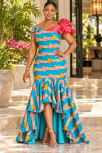 Tessa Turquoise Ankara High-Low Mermaid Statement Dress
