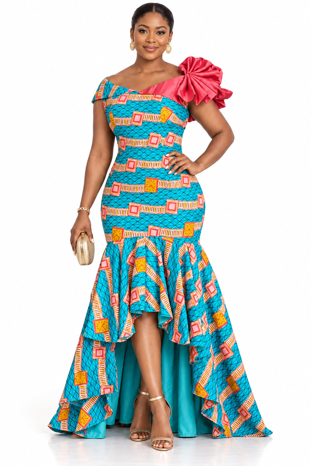 Tessa Turquoise Ankara High-Low Mermaid Statement Dress