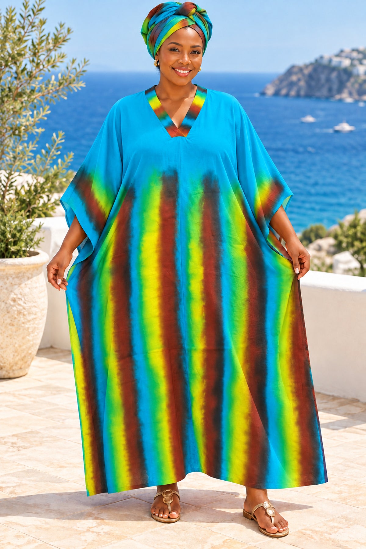 Women's Turquoise Blue Multicolour Tie-Dye Maxi Kaftan Dress with Matching Scarf – Free Size