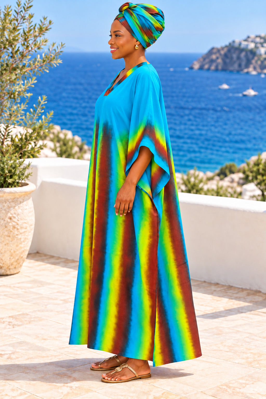 Women's Turquoise Blue Multicolour Tie-Dye Maxi Kaftan Dress with Matching Scarf – Free Size
