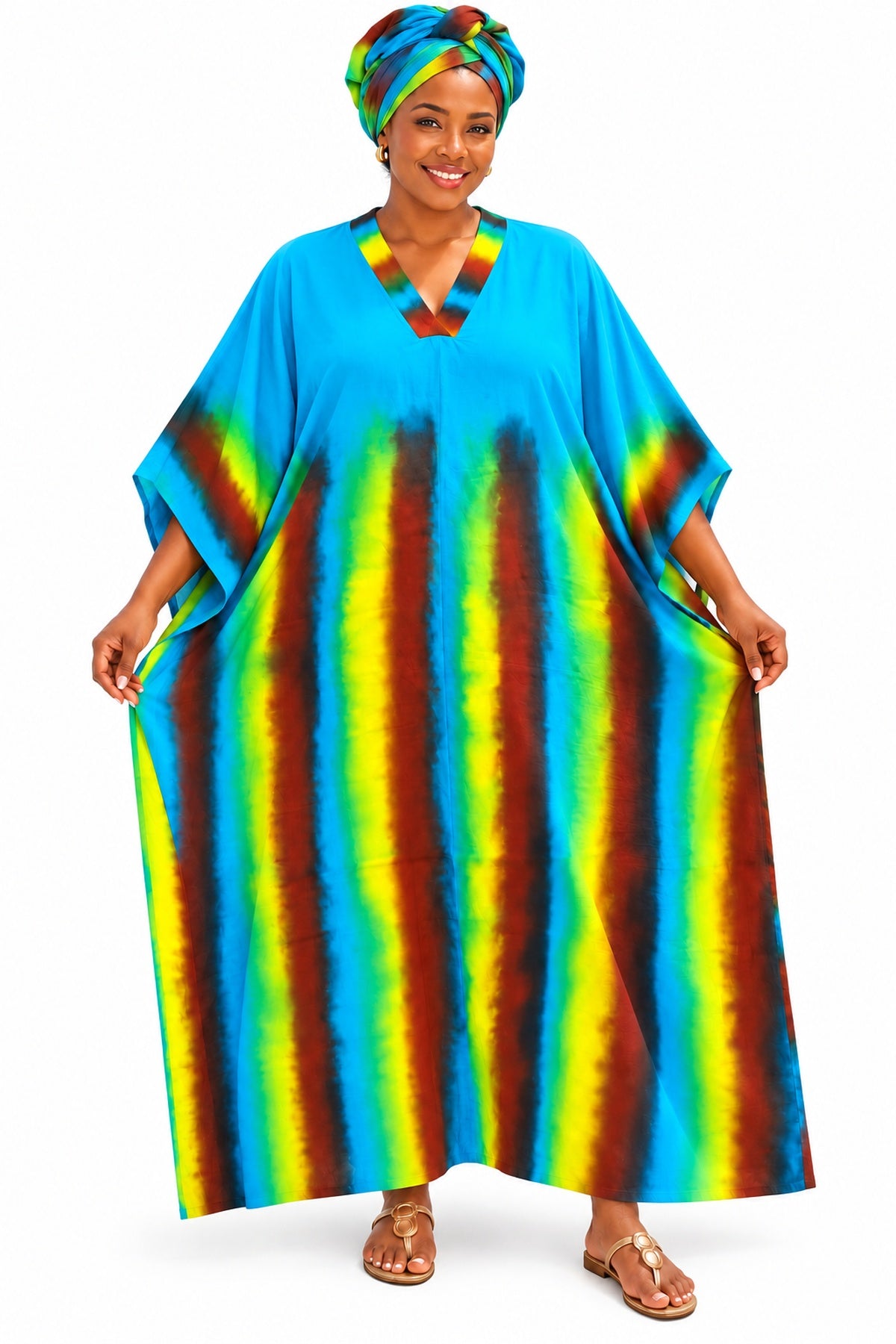 Women's Turquoise Blue Multicolour Tie-Dye Maxi Kaftan Dress with Matching Scarf – Free Size