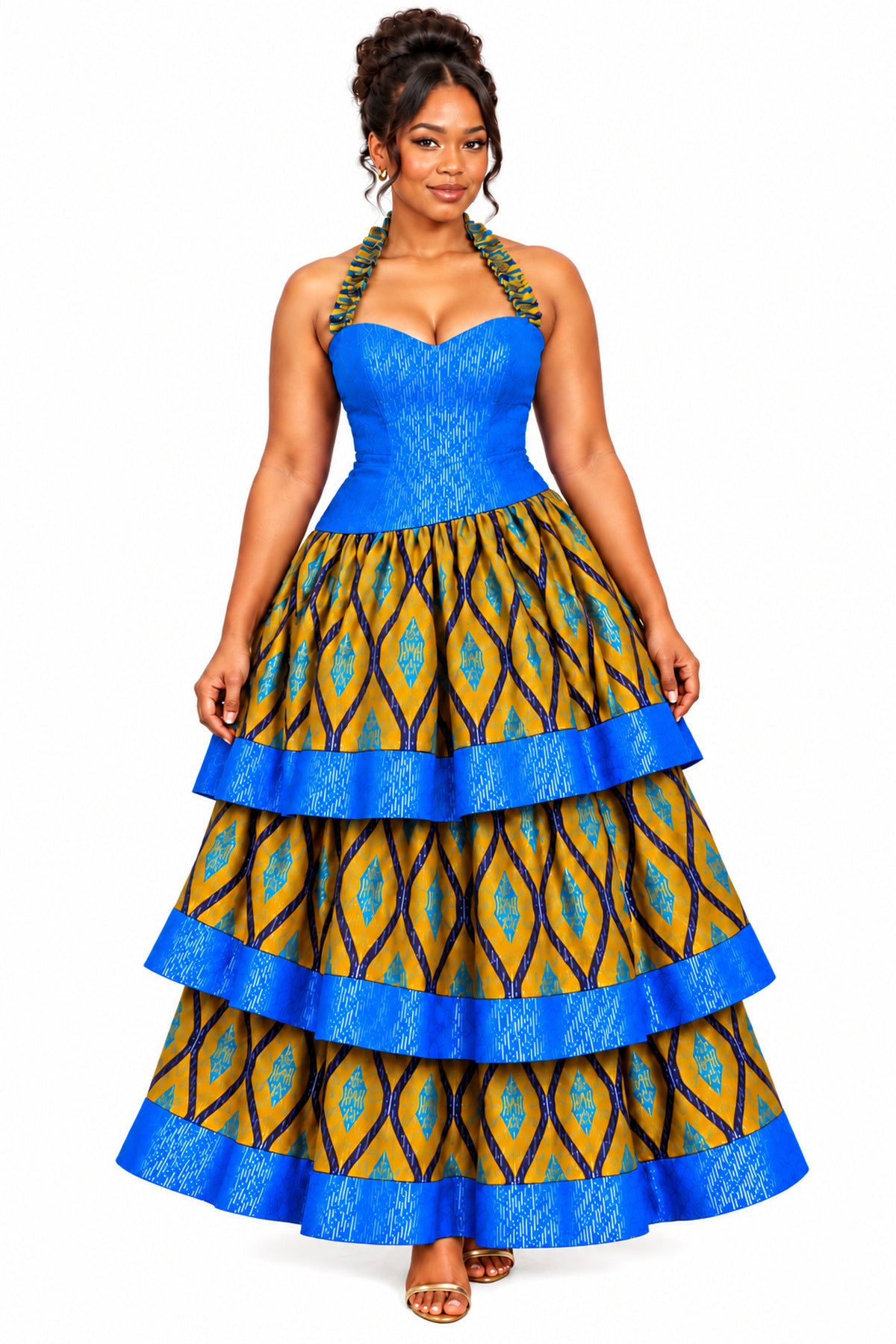 Adamma Royal Blue & Gold African Print Tiered Maxi Dress – Halter Neck Ankara Gown