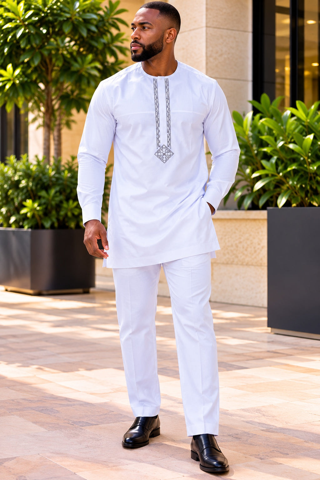 Ola Men's White African Traditional Two-Piece Kaftan Set with Grey Embroidery – Long Sleeve Tunic & Trousers