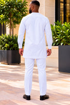 Ola Men's White African Traditional Two-Piece Kaftan Set with Grey Embroidery – Long Sleeve Tunic & Trousers
