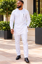 Jide Men's White African Traditional Two-Piece Kaftan Set – Long Sleeve Tunic & Matching Trousers