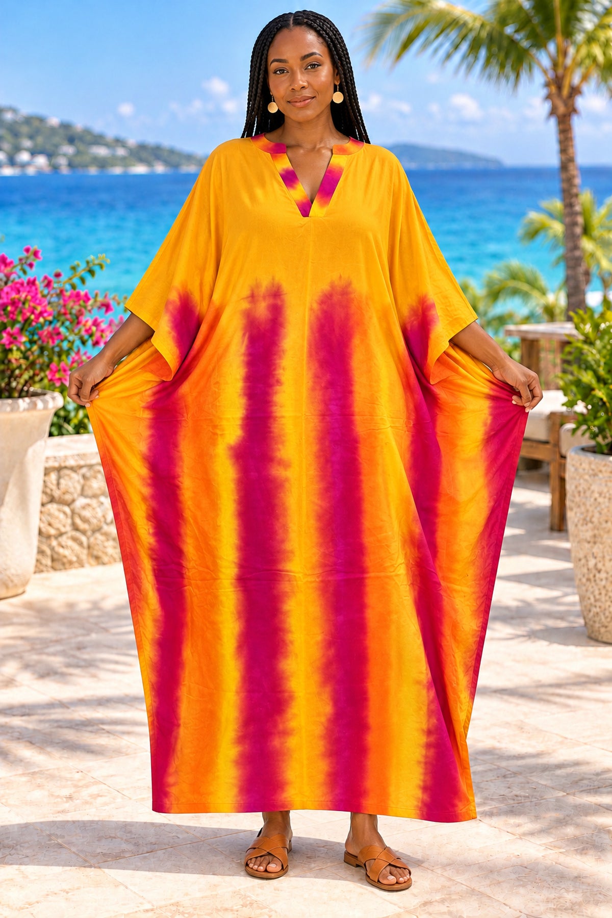 Women's Yellow & Magenta Tie-Dye Batwing Kaftan Maxi Dress with Matching Scarf