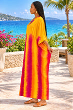 Women's Yellow & Magenta Tie-Dye Batwing Kaftan Maxi Dress with Matching Scarf