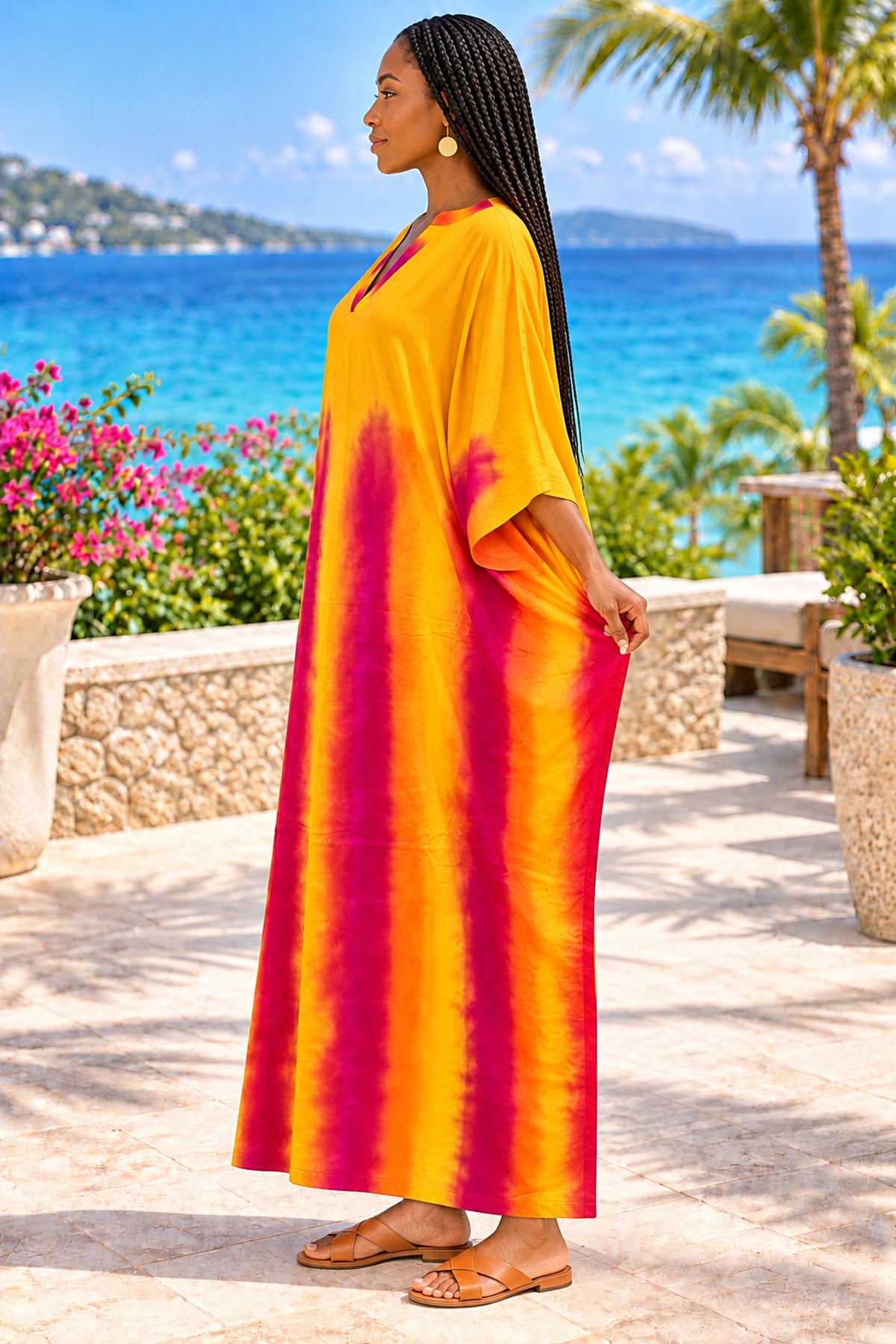 Women's Yellow & Magenta Tie-Dye Batwing Kaftan Maxi Dress with Matching Scarf