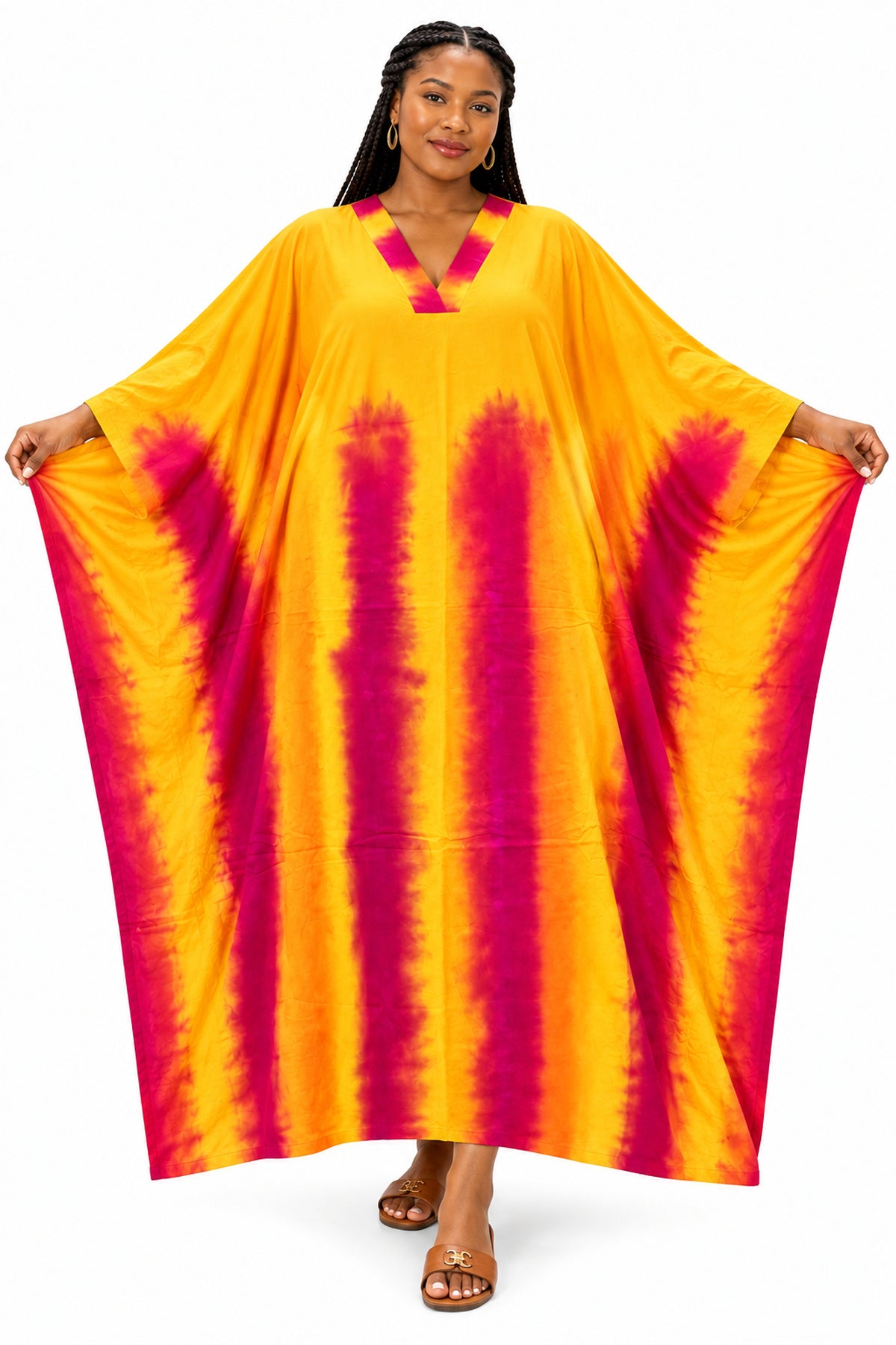 Women's Yellow & Magenta Tie-Dye Batwing Kaftan Maxi Dress with Matching Scarf