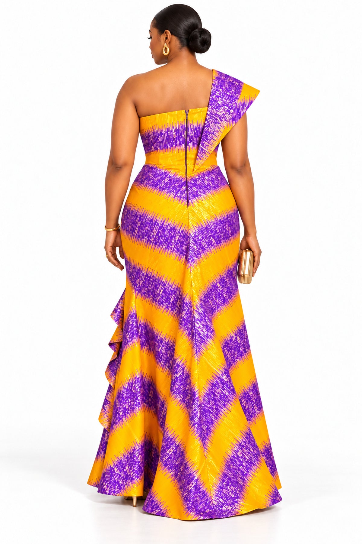 Amira Purple & Gold African Print One-Shoulder Ruffle Maxi Dress