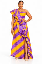 Amira Purple & Gold African Print One-Shoulder Ruffle Maxi Dress