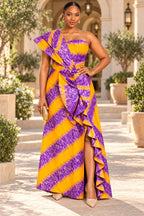 Amira Purple & Gold African Print One-Shoulder Ruffle Maxi Dress