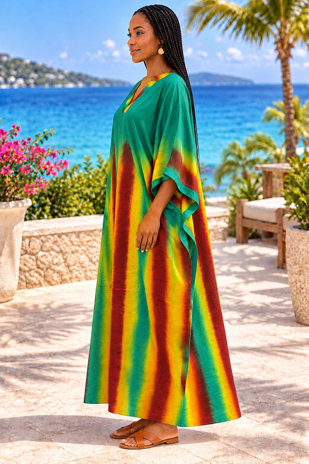 Women's Emerald Green Multicolour Tie-Dye Batwing Kaftan Maxi Dress with Matching Scarf – Free Size