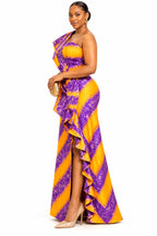 Amira Purple & Gold African Print One-Shoulder Ruffle Maxi Dress