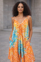 Bohemian Tie Dye Harem Jumpsuit – Adjustable Tie Strap Wide-Leg Pocket Jumpsuit