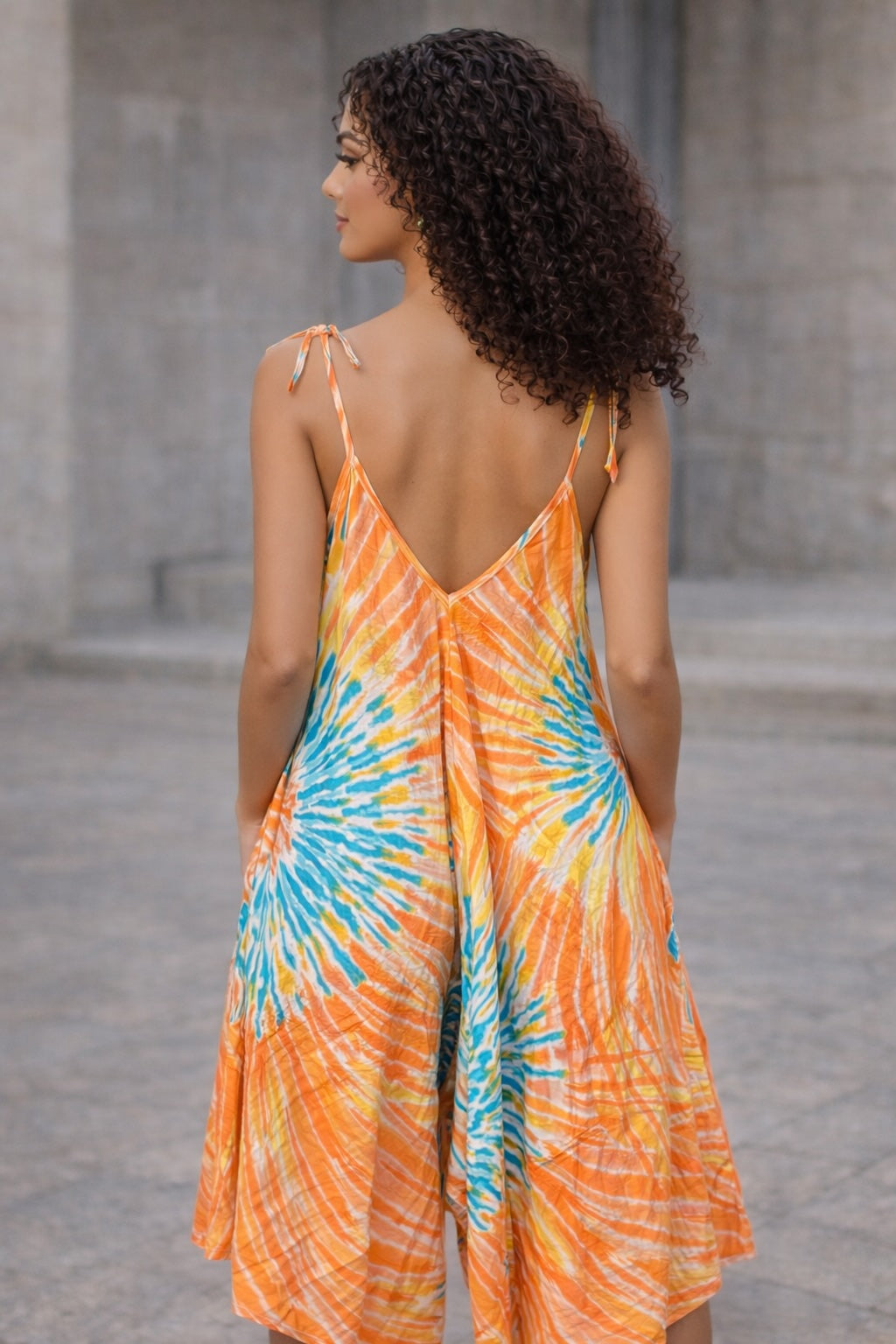 Bohemian Tie Dye Harem Jumpsuit – Adjustable Tie Strap Wide-Leg Pocket Jumpsuit