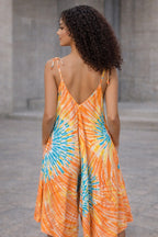 Bohemian Tie Dye Harem Jumpsuit – Adjustable Tie Strap Wide-Leg Pocket Jumpsuit