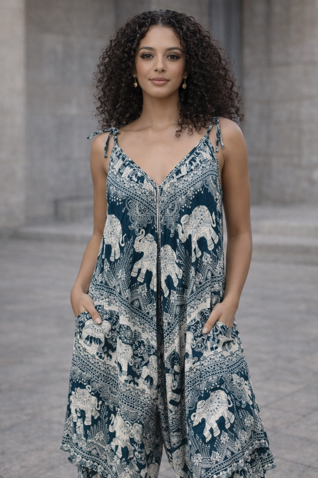Bohemian Elephant Print Harem Jumpsuit – Adjustable Tie Strap Wide-Leg Pocket Jumpsuit