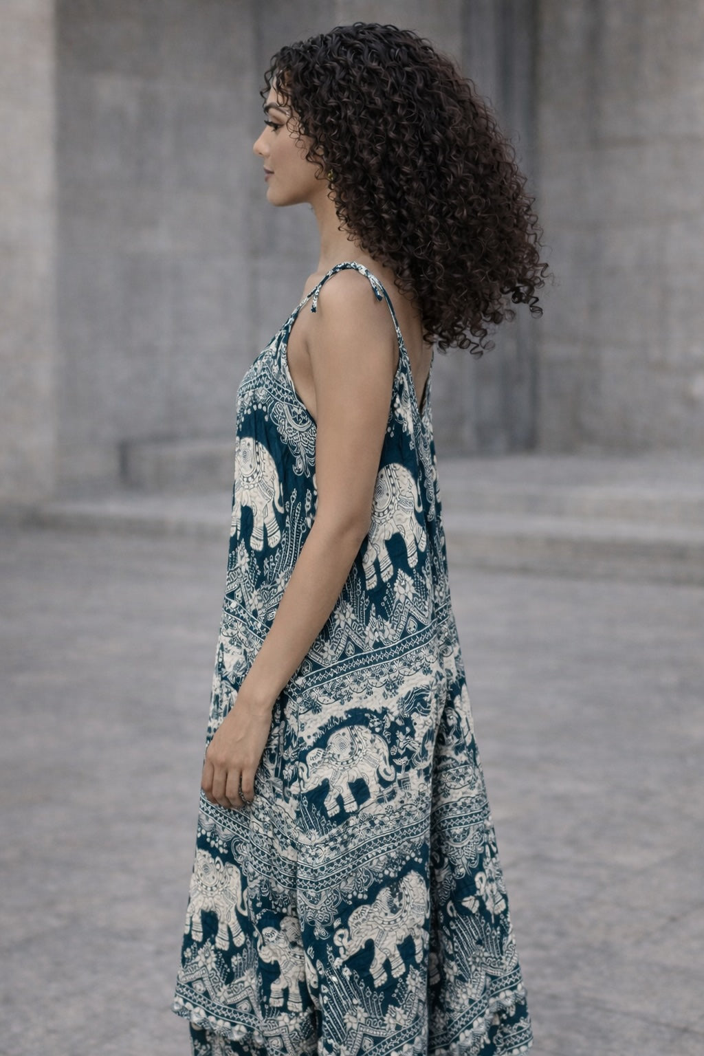 Bohemian Elephant Print Harem Jumpsuit – Adjustable Tie Strap Wide-Leg Pocket Jumpsuit