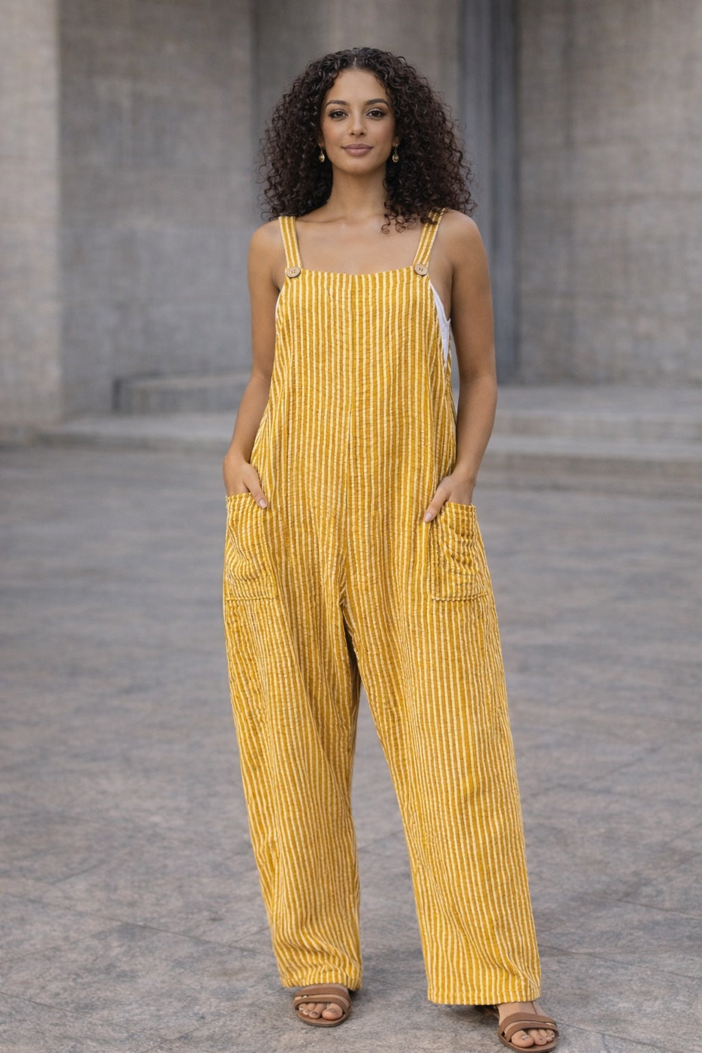 Mustard Stripe Dungaree Jumpsuit – Wide-Leg Pocket Overall Jumpsuit