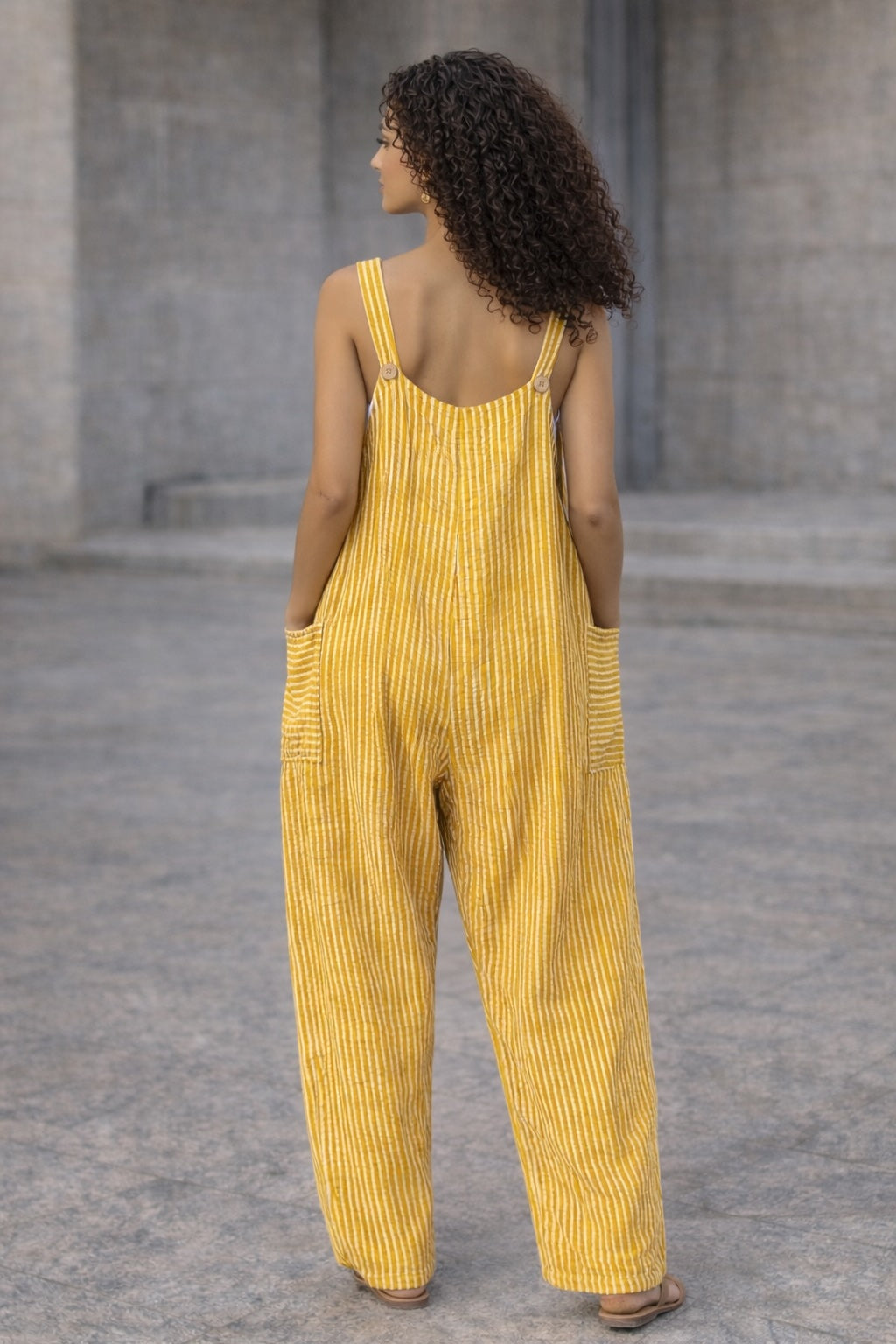 Mustard Stripe Dungaree Jumpsuit – Wide-Leg Pocket Overall Jumpsuit