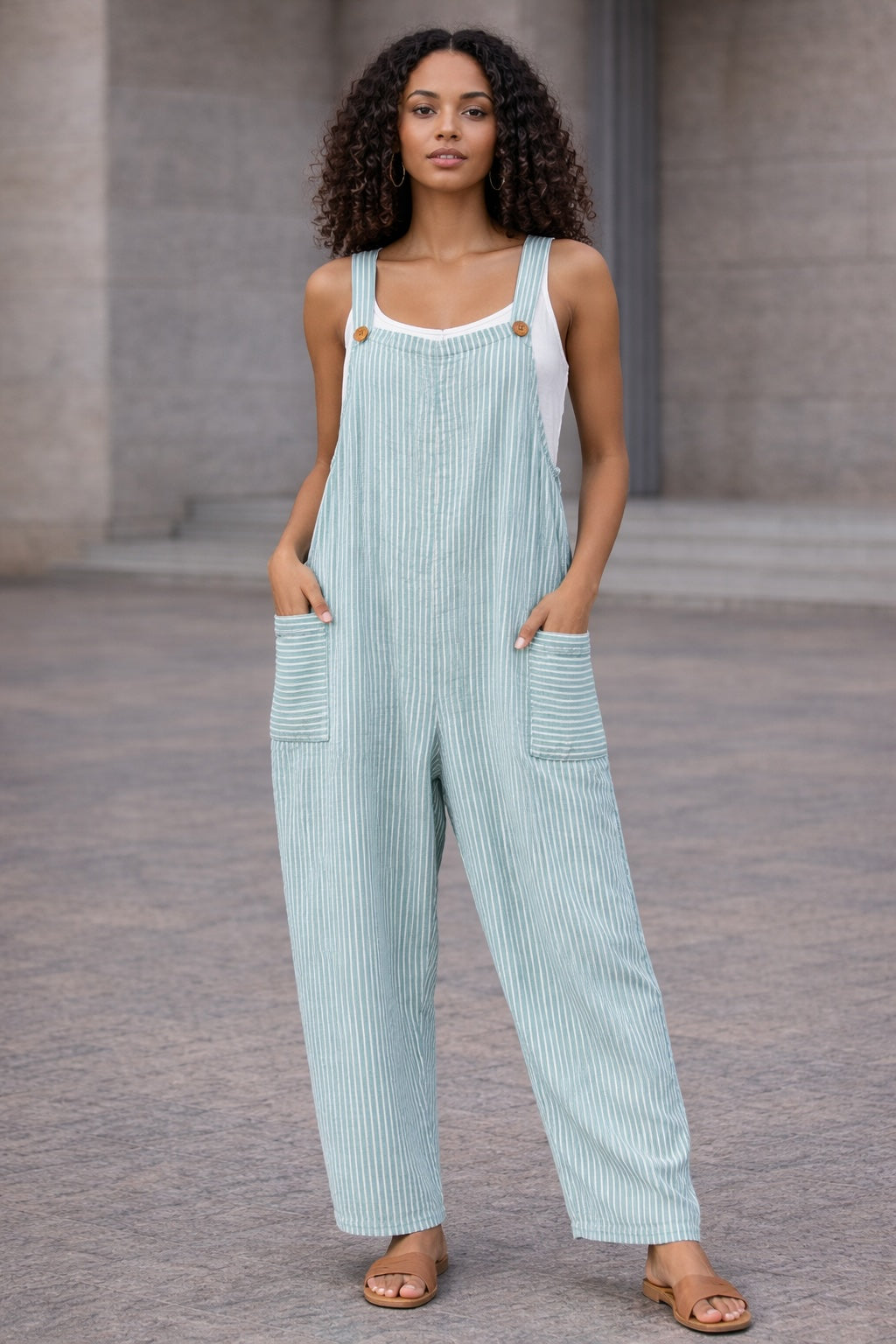 Mint Stripe Dungaree Jumpsuit – Wide-Leg Pocket Overall Jumpsuit