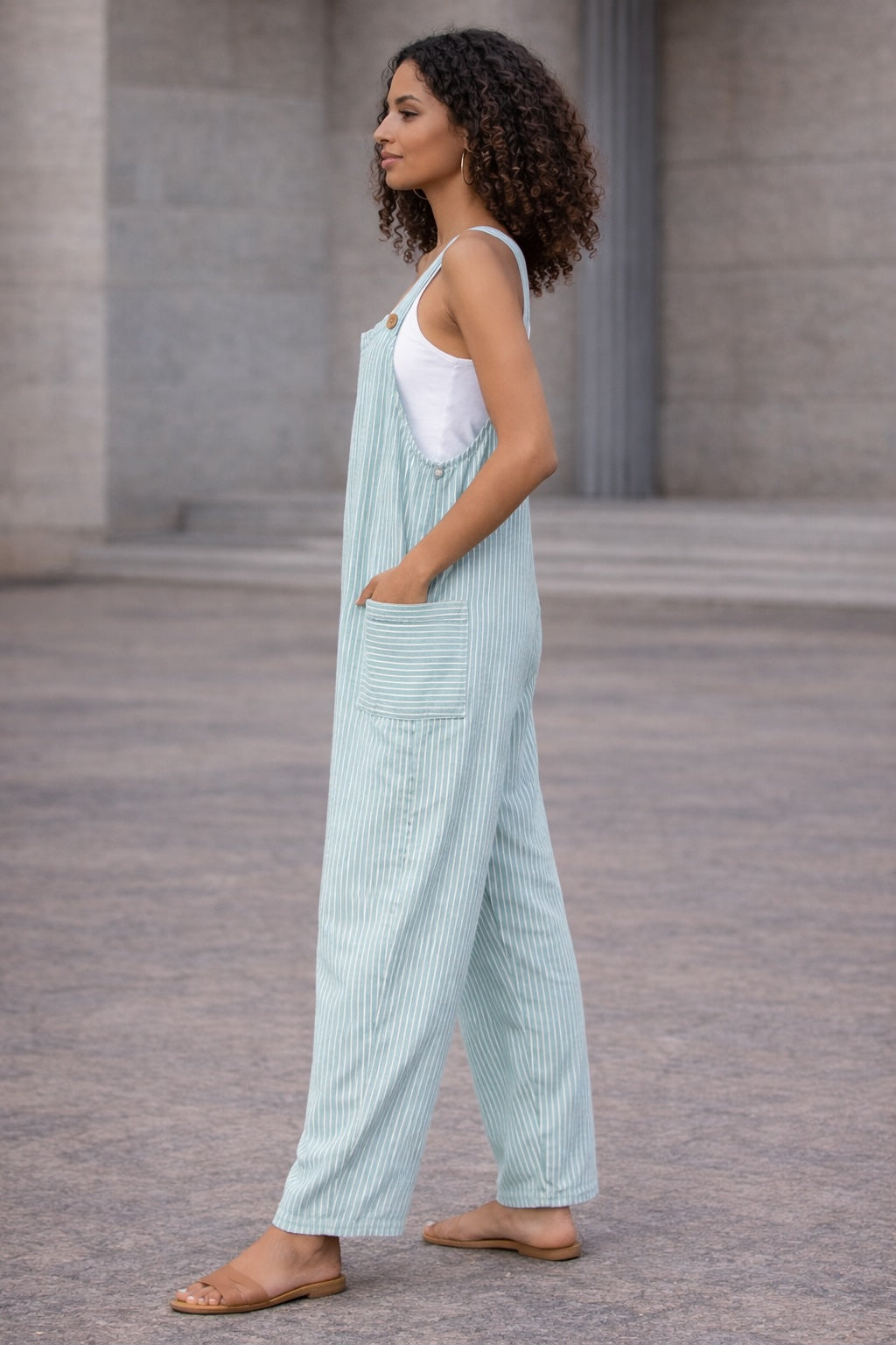Mint Stripe Dungaree Jumpsuit – Wide-Leg Pocket Overall Jumpsuit