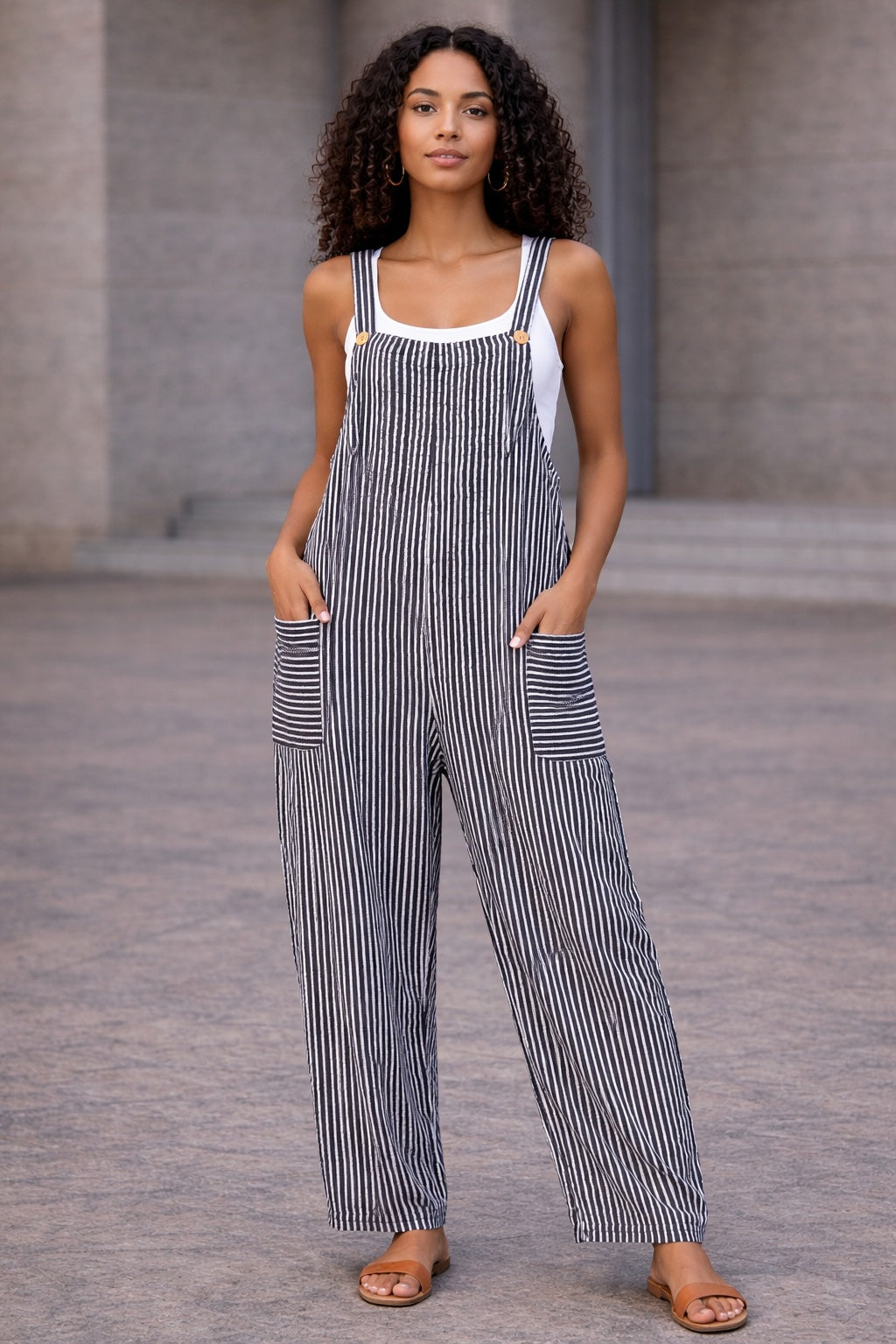 Black Stripe Dungaree Jumpsuit – Wide-Leg Pocket Overall Jumpsuit