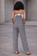 Black Stripe Dungaree Jumpsuit – Wide-Leg Pocket Overall Jumpsuit
