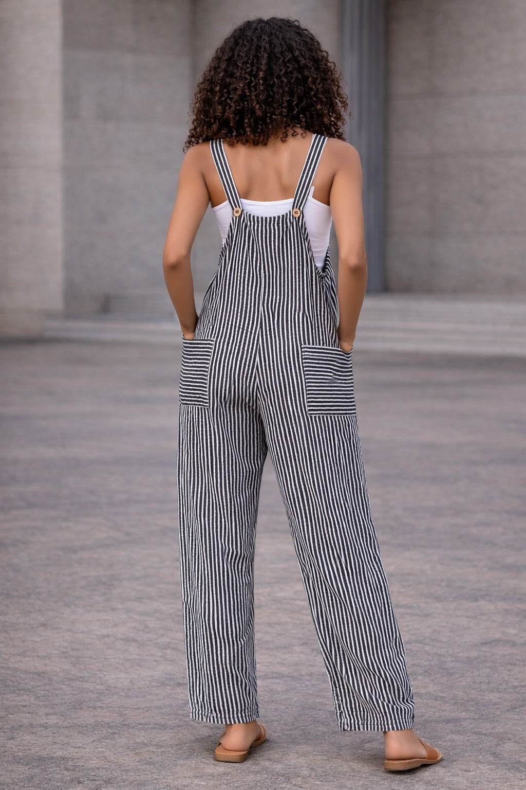 Black Stripe Dungaree Jumpsuit – Wide-Leg Pocket Overall Jumpsuit