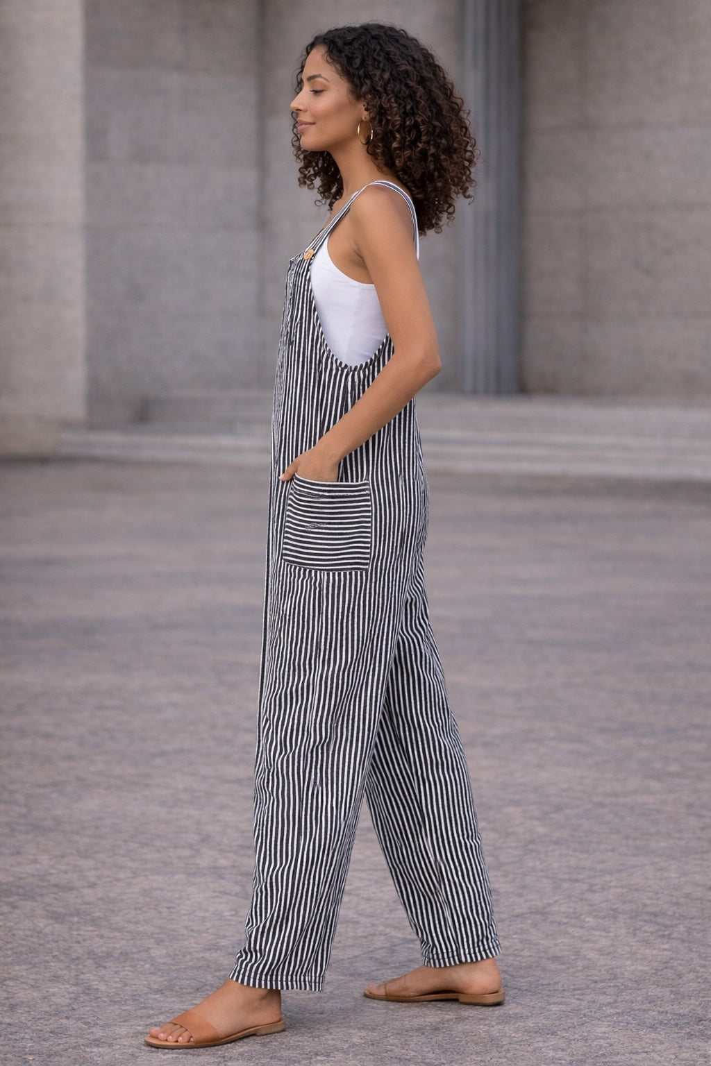 Black Stripe Dungaree Jumpsuit – Wide-Leg Pocket Overall Jumpsuit