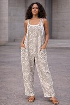 Neutral Floral Dungaree Jumpsuit – Wide-Leg Pocket Overall Jumpsuit