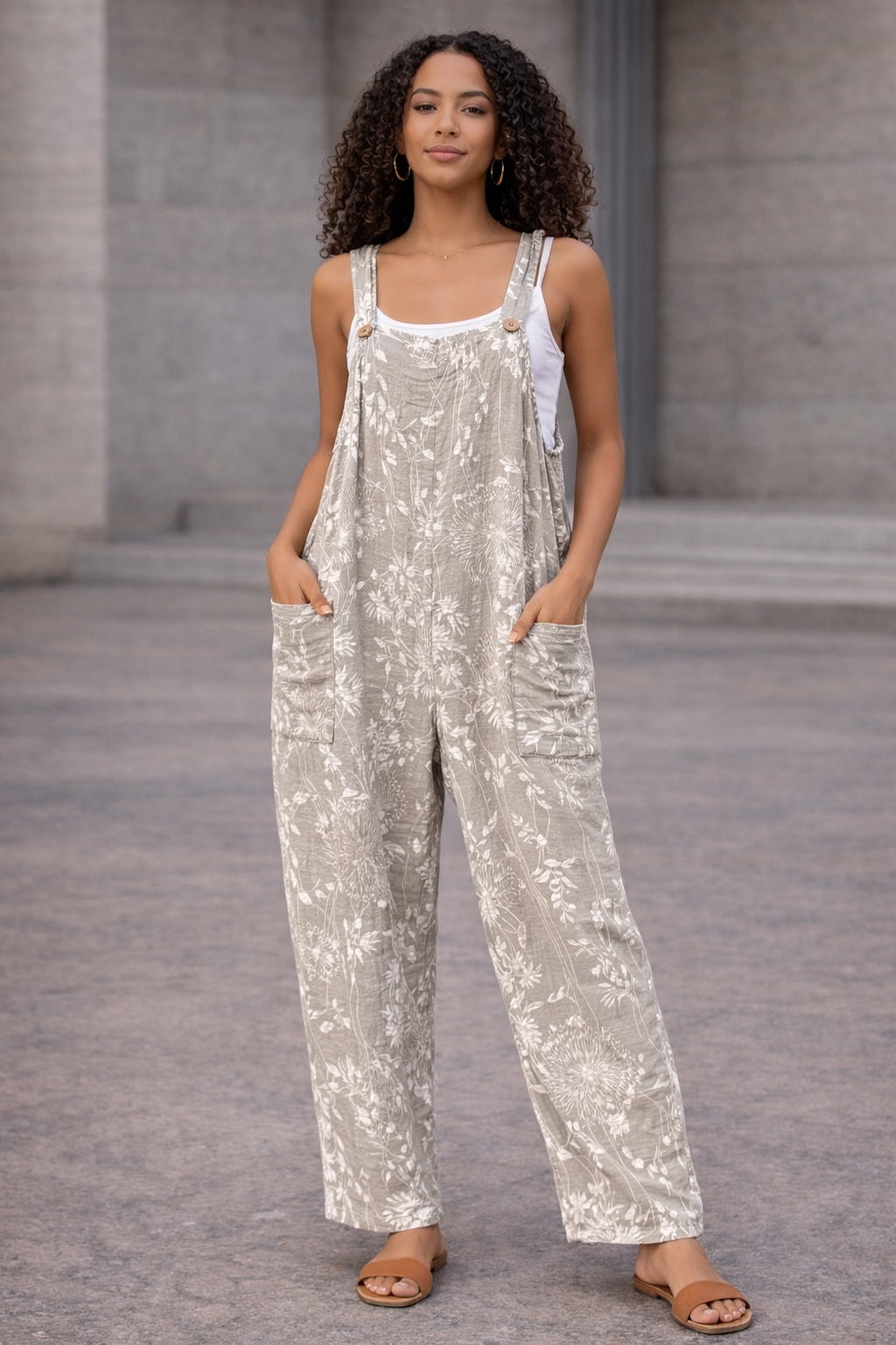 Neutral Floral Dungaree Jumpsuit – Wide-Leg Pocket Overall Jumpsuit