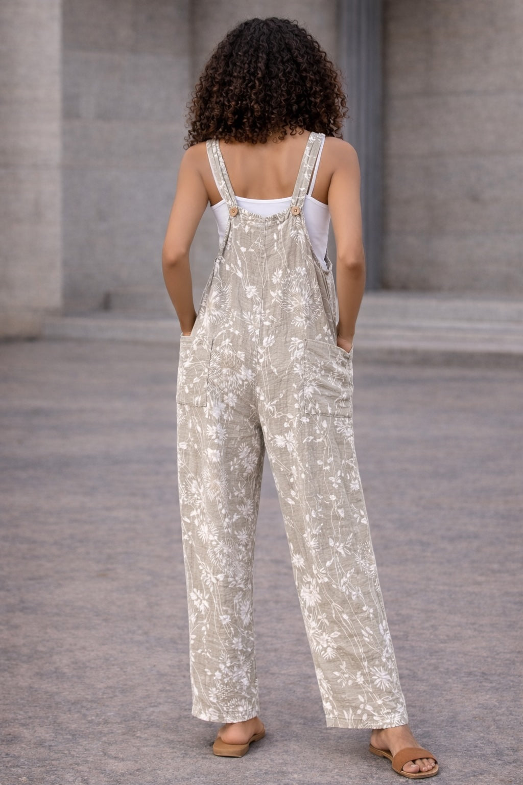 Neutral Floral Dungaree Jumpsuit – Wide-Leg Pocket Overall Jumpsuit