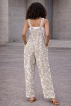 Neutral Floral Dungaree Jumpsuit – Wide-Leg Pocket Overall Jumpsuit