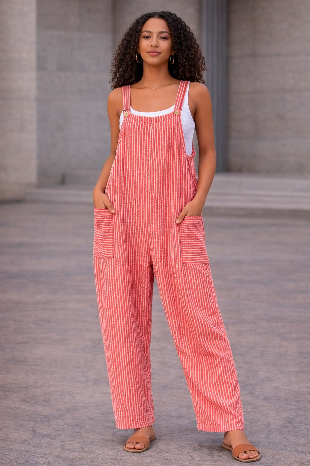 Coral Stripe Dungaree Jumpsuit – Wide-Leg Pocket Overall Jumpsuit