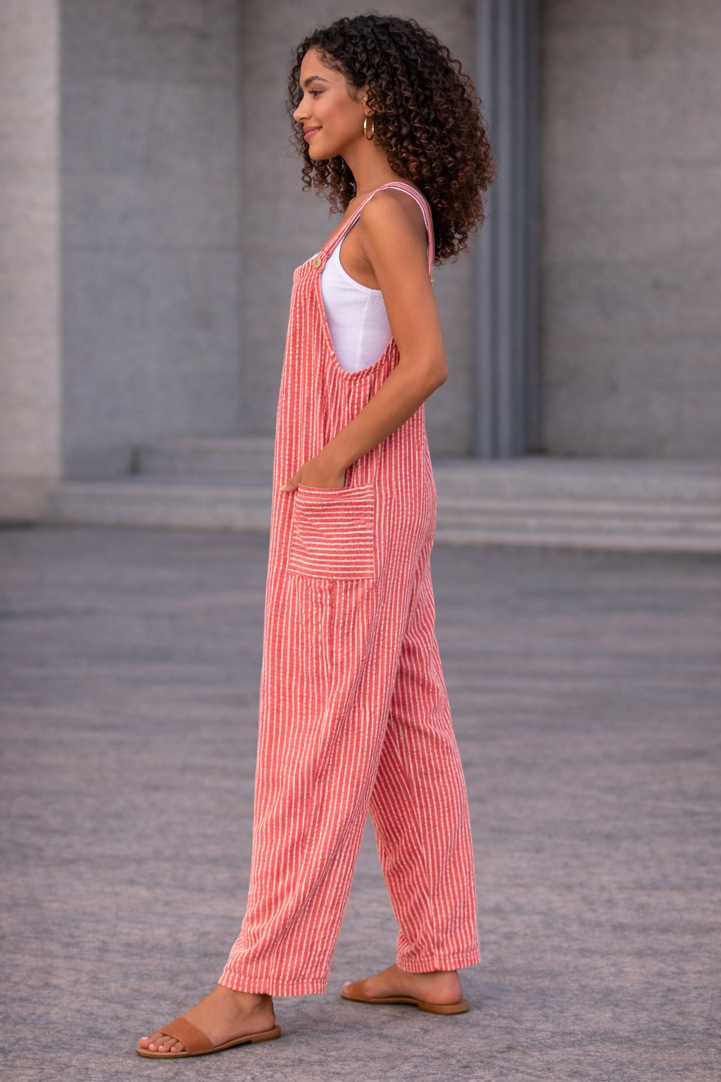Coral Stripe Dungaree Jumpsuit – Wide-Leg Pocket Overall Jumpsuit