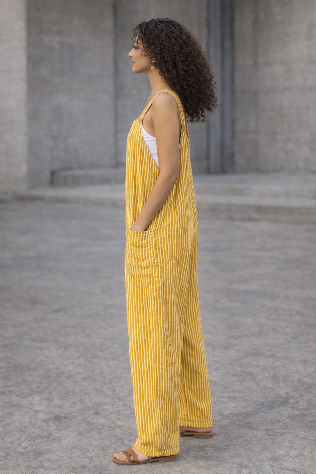 Mustard Stripe Dungaree Jumpsuit – Wide-Leg Pocket Overall Jumpsuit