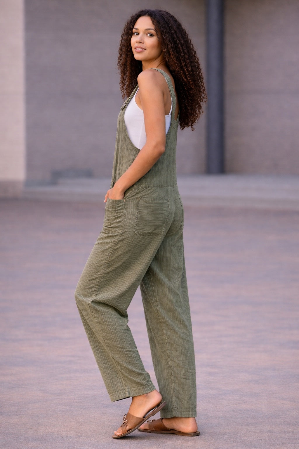 Women’s Stripy Cotton Dungarees Jumpsuit with Pockets
