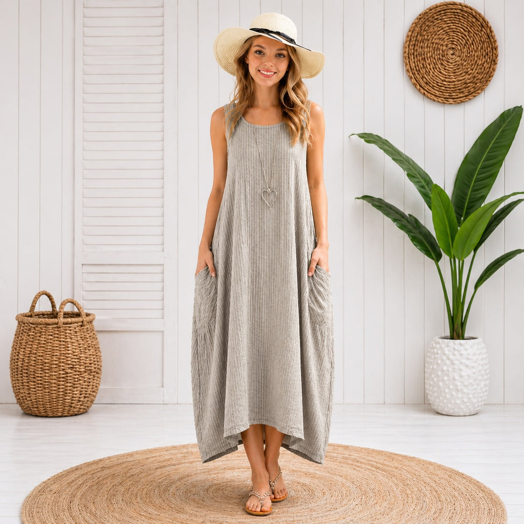 Women’s Stripy Cotton Sleeveless Dress – One Size Up to UK 18